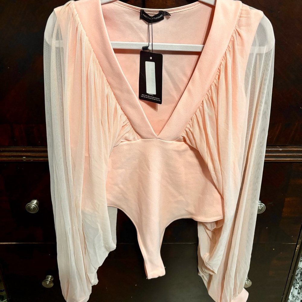 NWT Pretty Little Thing Nude Mesh Draped Long Sleeve Plunge Bodysuit (thong)